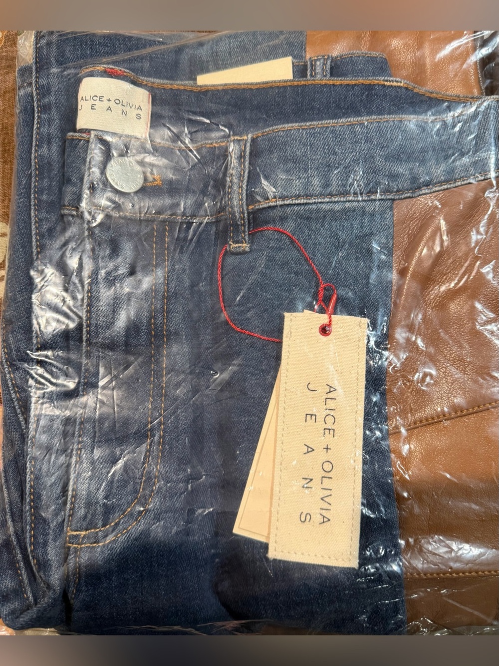 Alice + Olivia Dark Blue Denim Flare Jeans with Brown Patch Panels - Picture 9 of 9